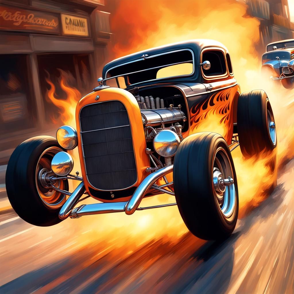 Hot Rod Wheelie with Trophies in Hyperrealistic Style