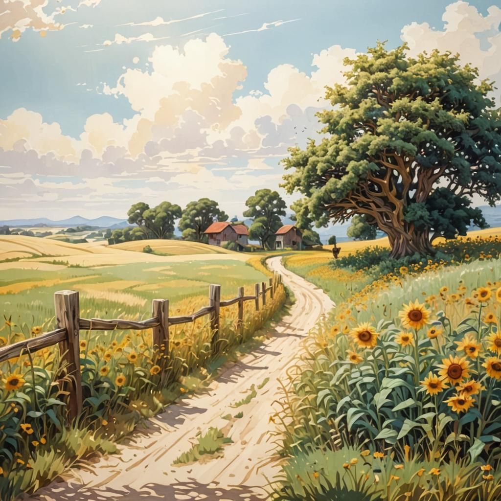 Gouache Landscape with Hoopoe and Fractal Patterns