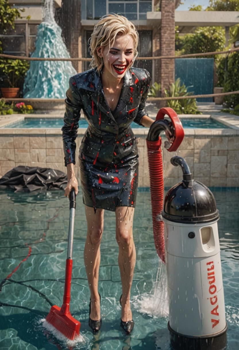 Glamorous Woman Cleans Pool in Wet Business Suit