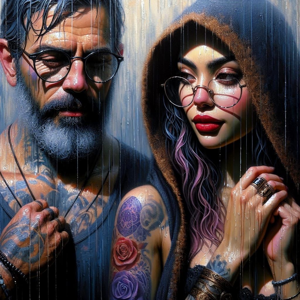 Romantic Rainy Night Scene with Latin American Couple