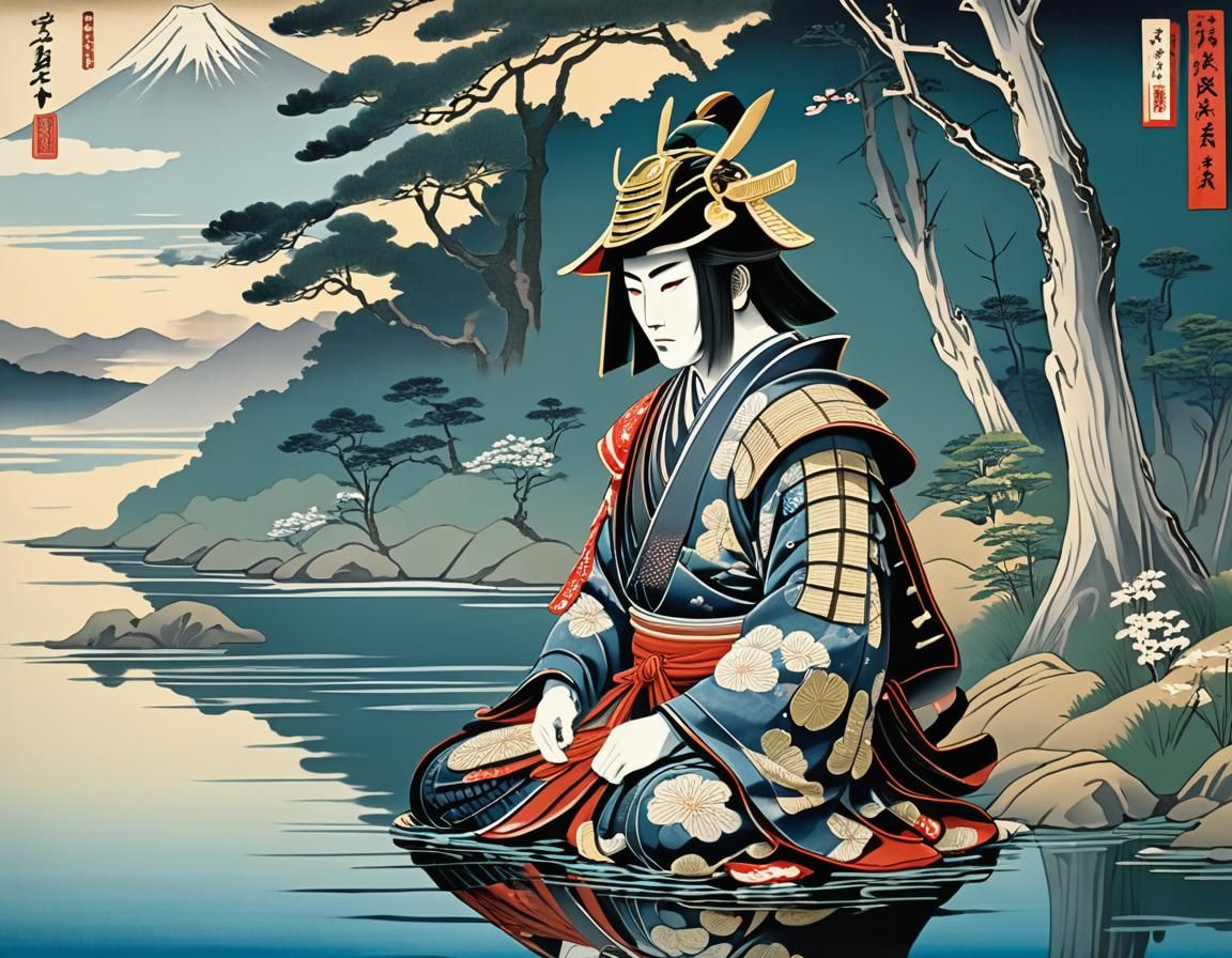 Samurai Meditating by Lake Fuji in Ukiyo-e Style