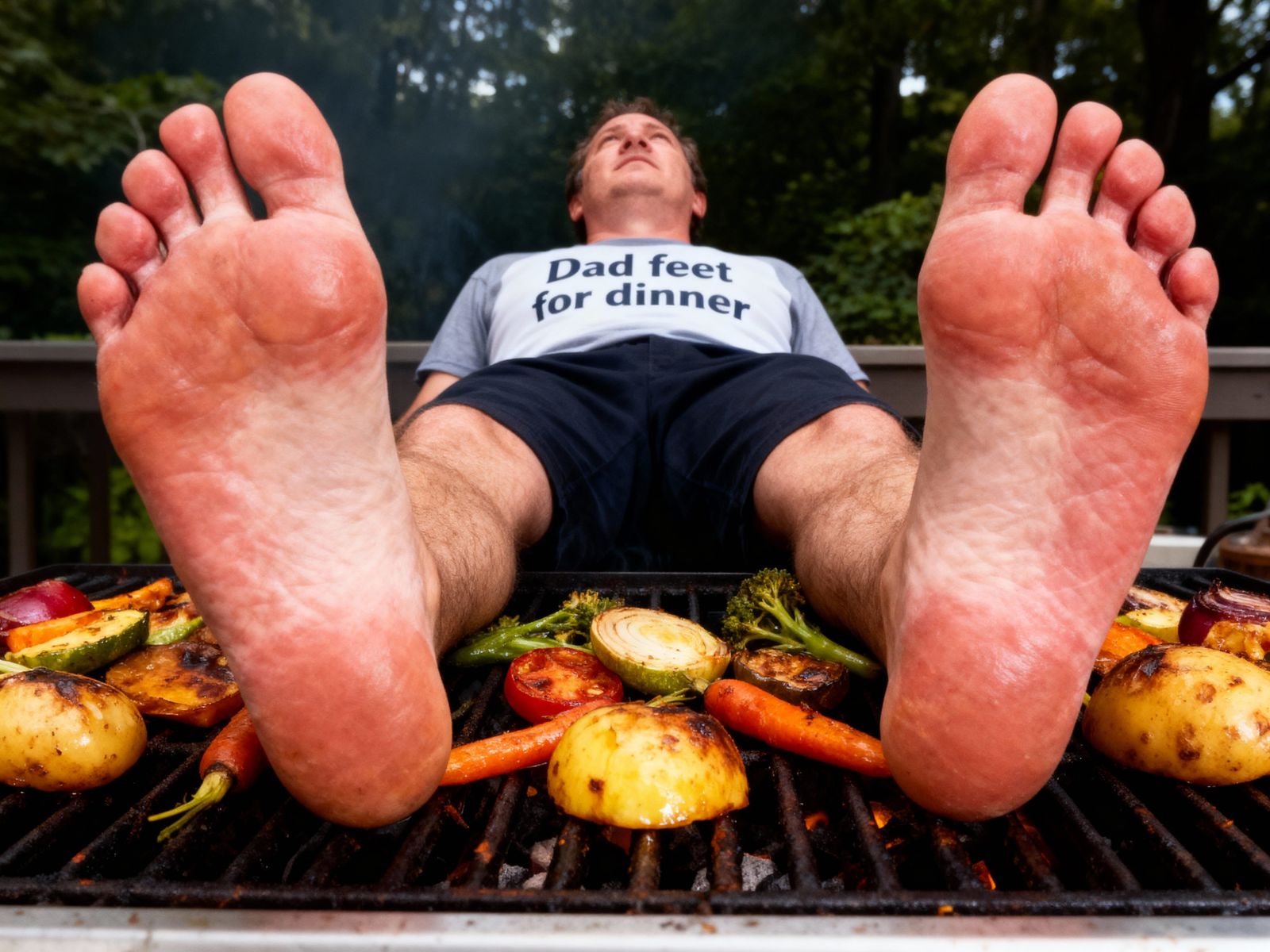 Man's Feet on BBQ Grill Surrounded by Roasted Vegetables