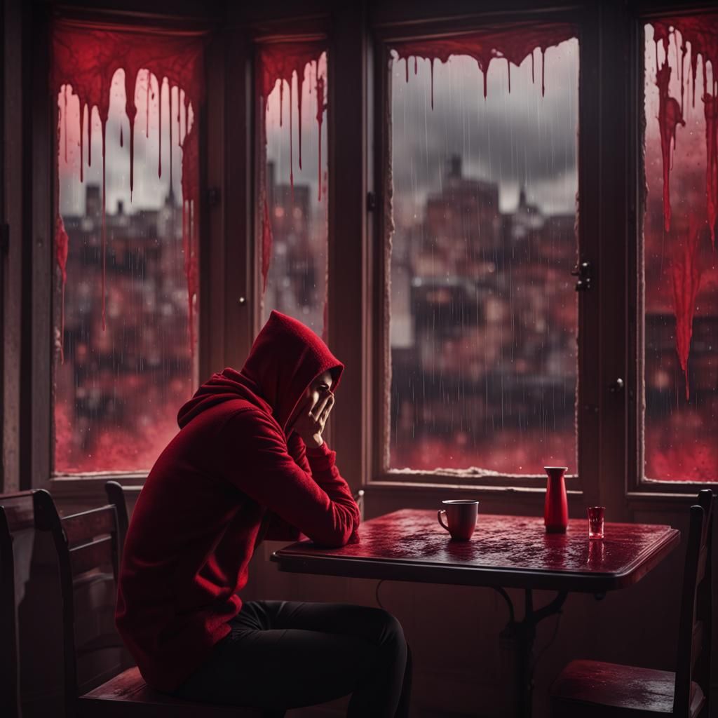 Eerie Crimson World: Pensive Figure in Dim Cafe