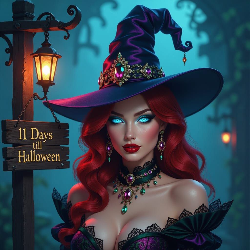 Surreal Redhead Femme Fatale in Jeweled Witch Hat