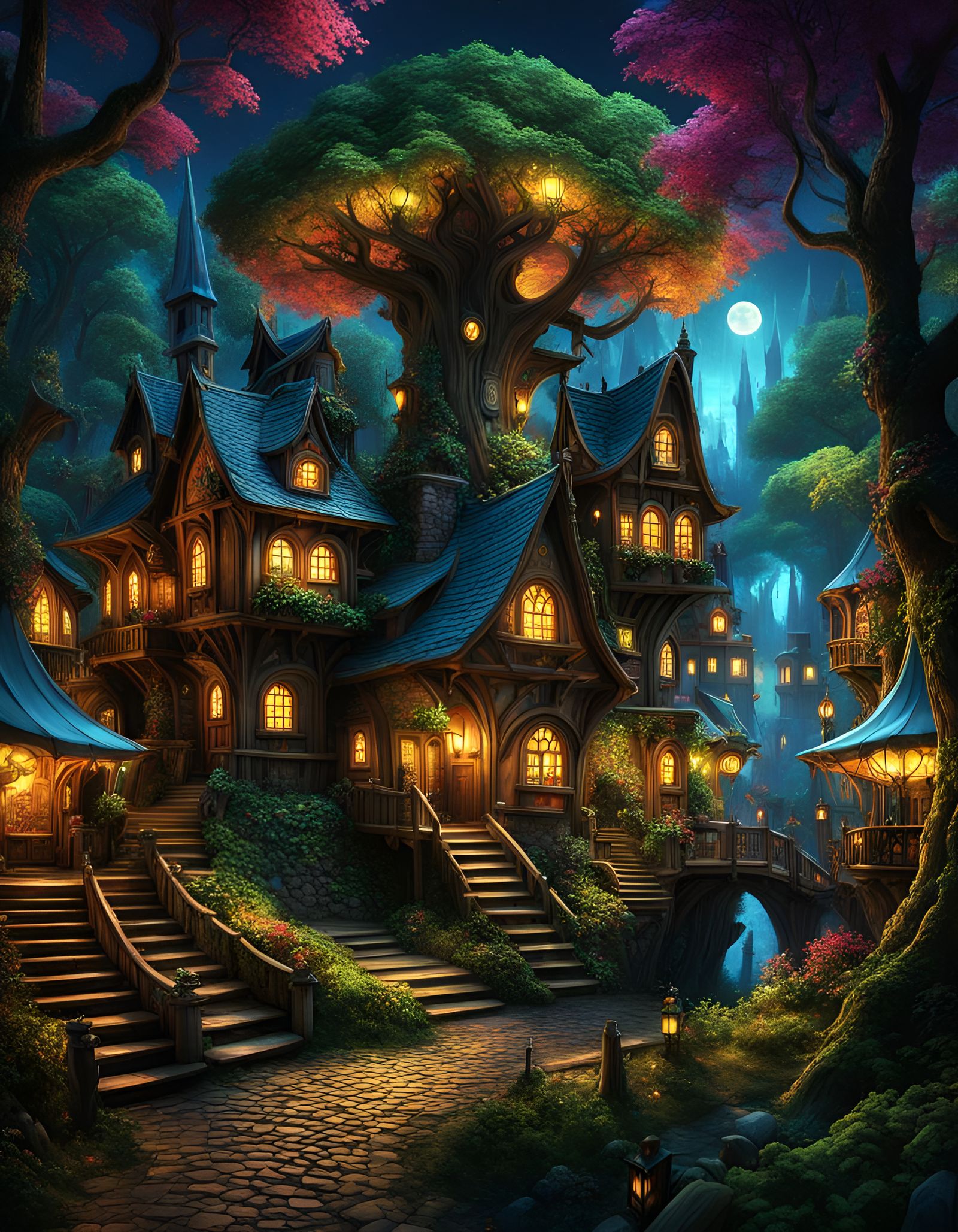 Magical Fairytale Village Optical Illusion in Steampunk Styl...