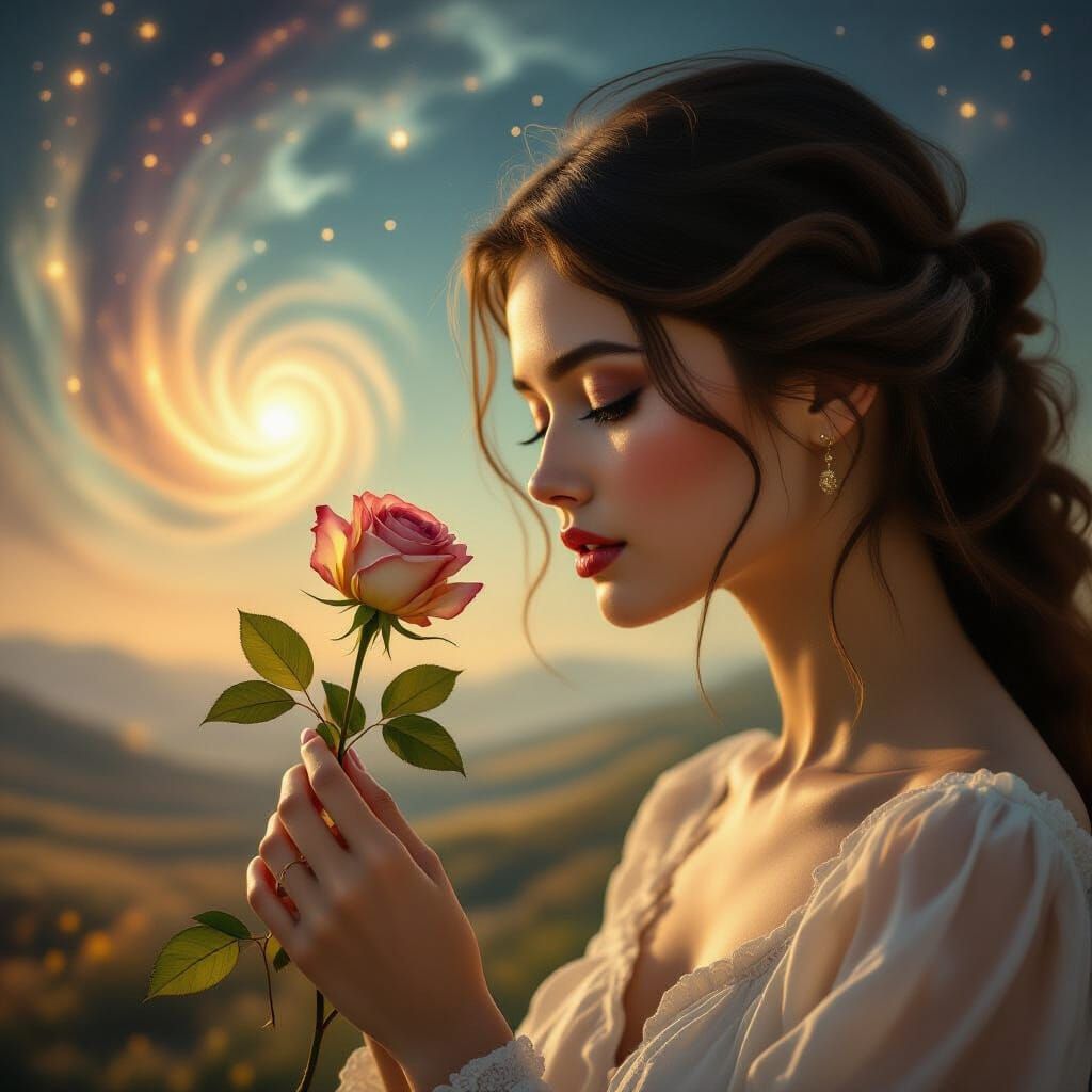 Dreamlike Woman Gazes at Fading Rose, Cosmic Beauty
