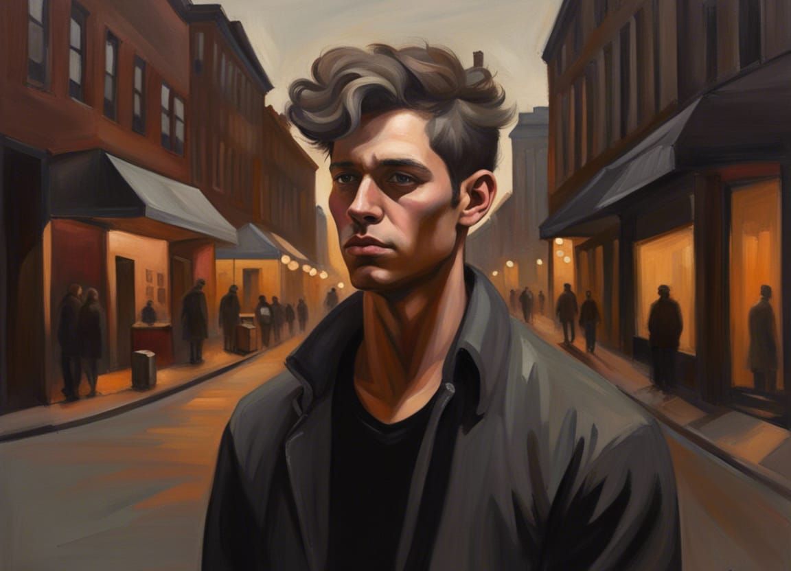 Empowered Man in Dark Town: Figurative Realism Portrait