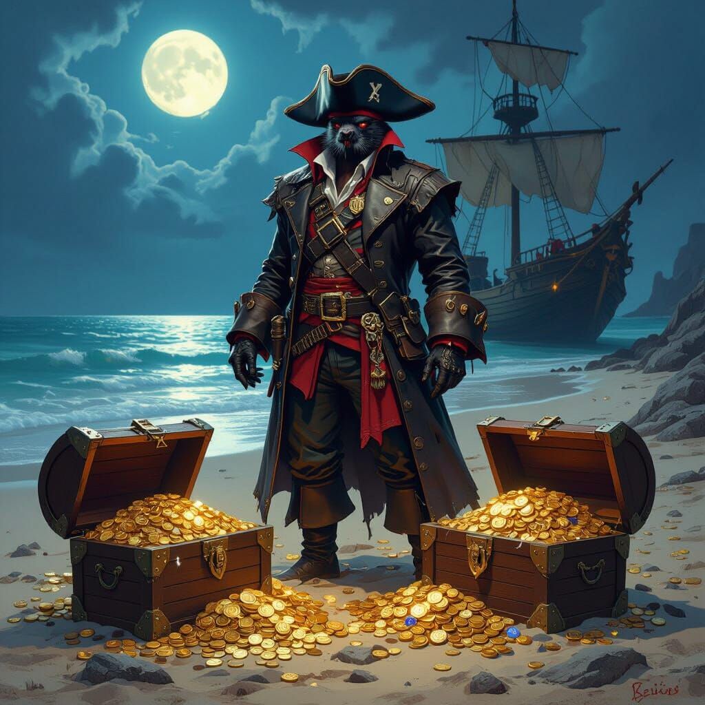 Vampire Bat Pirate Captain on Moonlit Treasure Beach