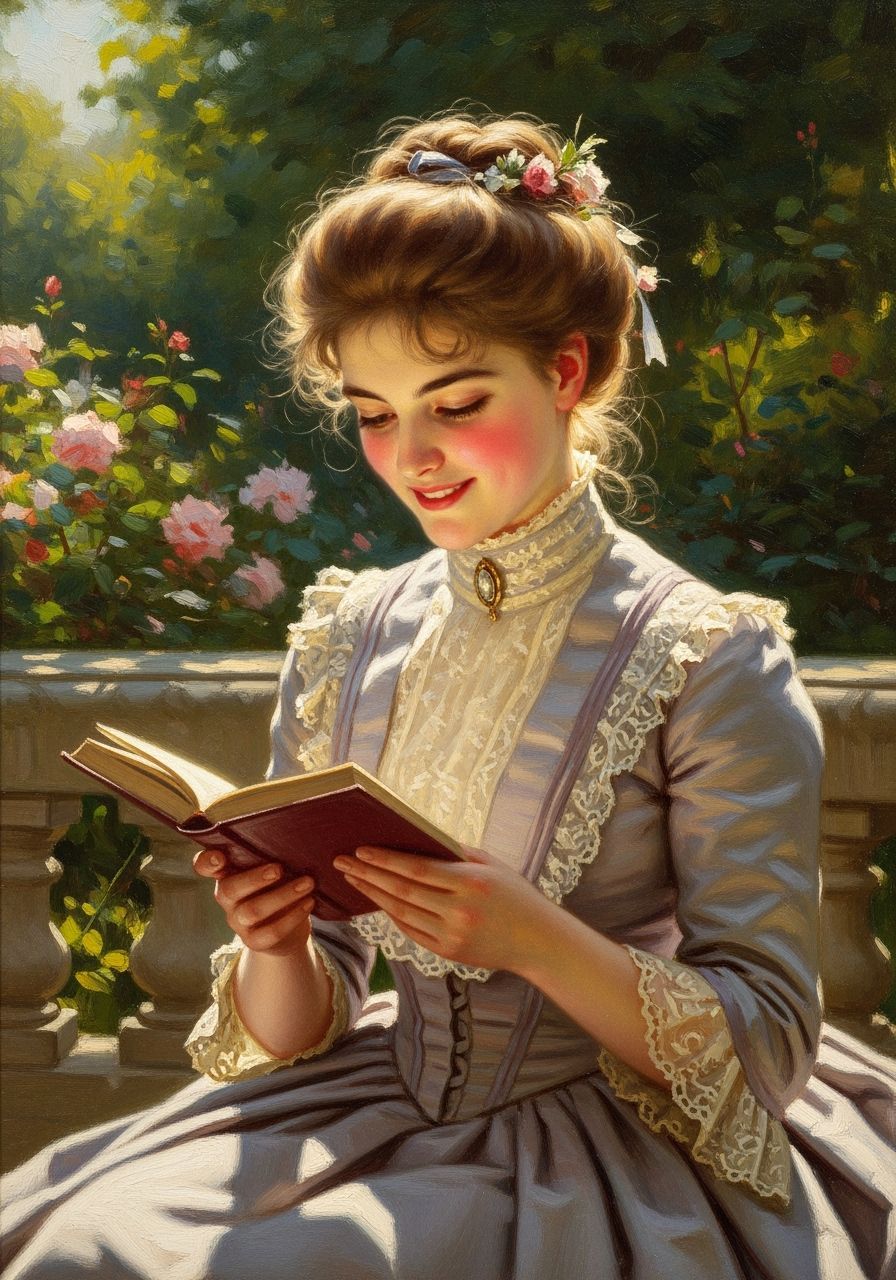 Victorian Woman Reading in Garden, Oil on Canvas Portrait