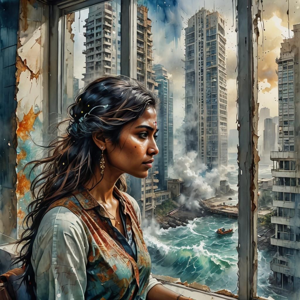 Beautiful young Indian lady looking at Tsunami from the wind...