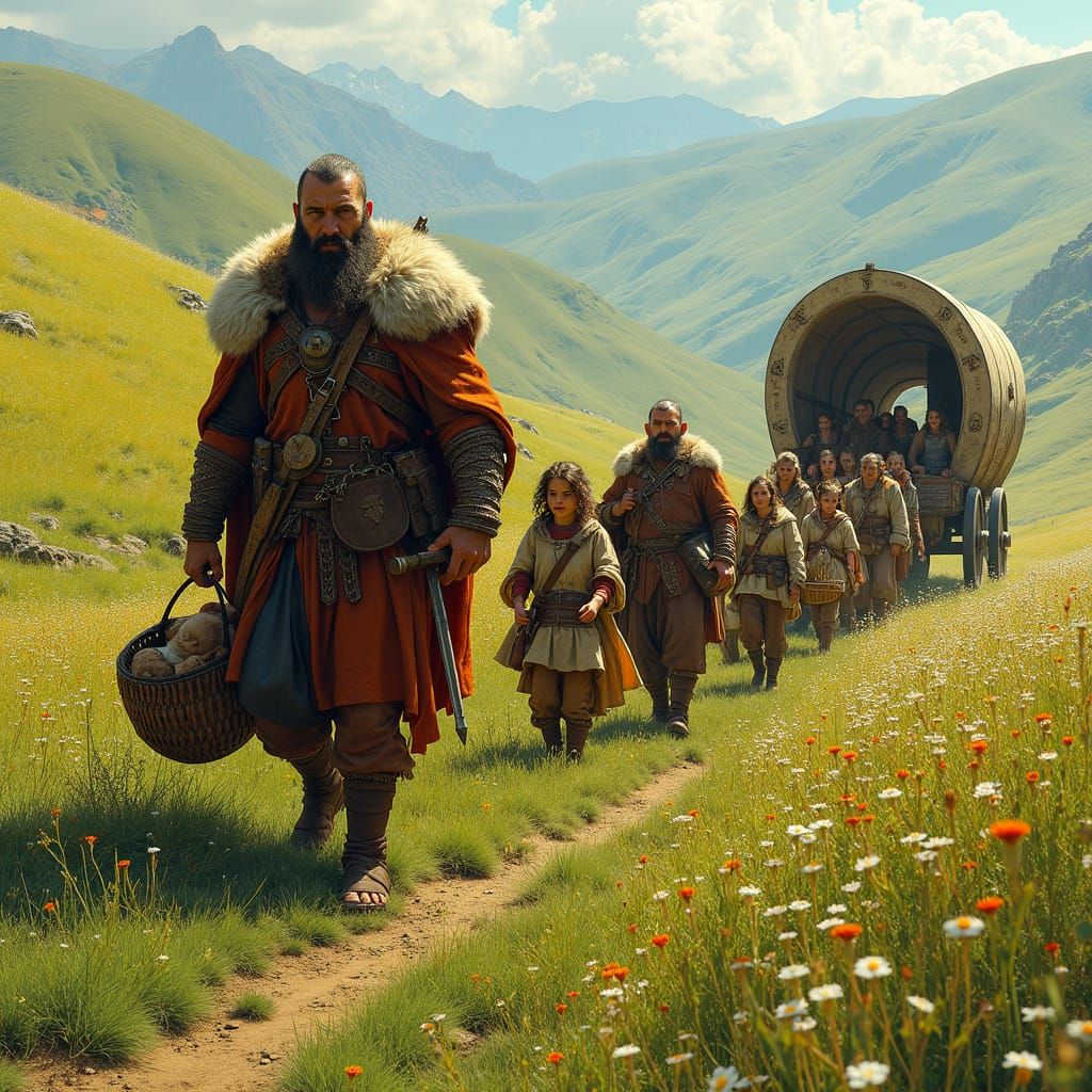 Barbarian Families Journey Through Verdant Landscape