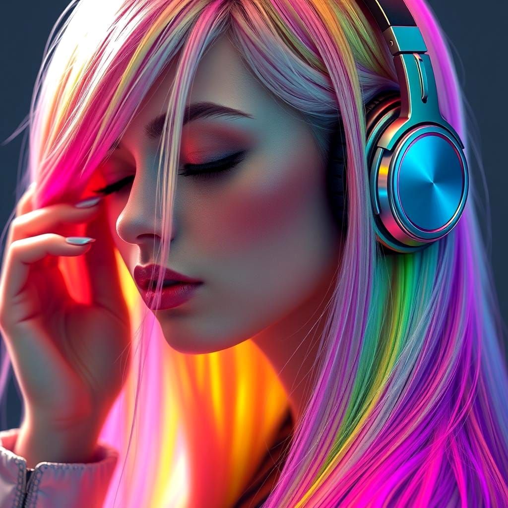 Ethereal Woman with Rainbow Hair, Dynamic Lighting
