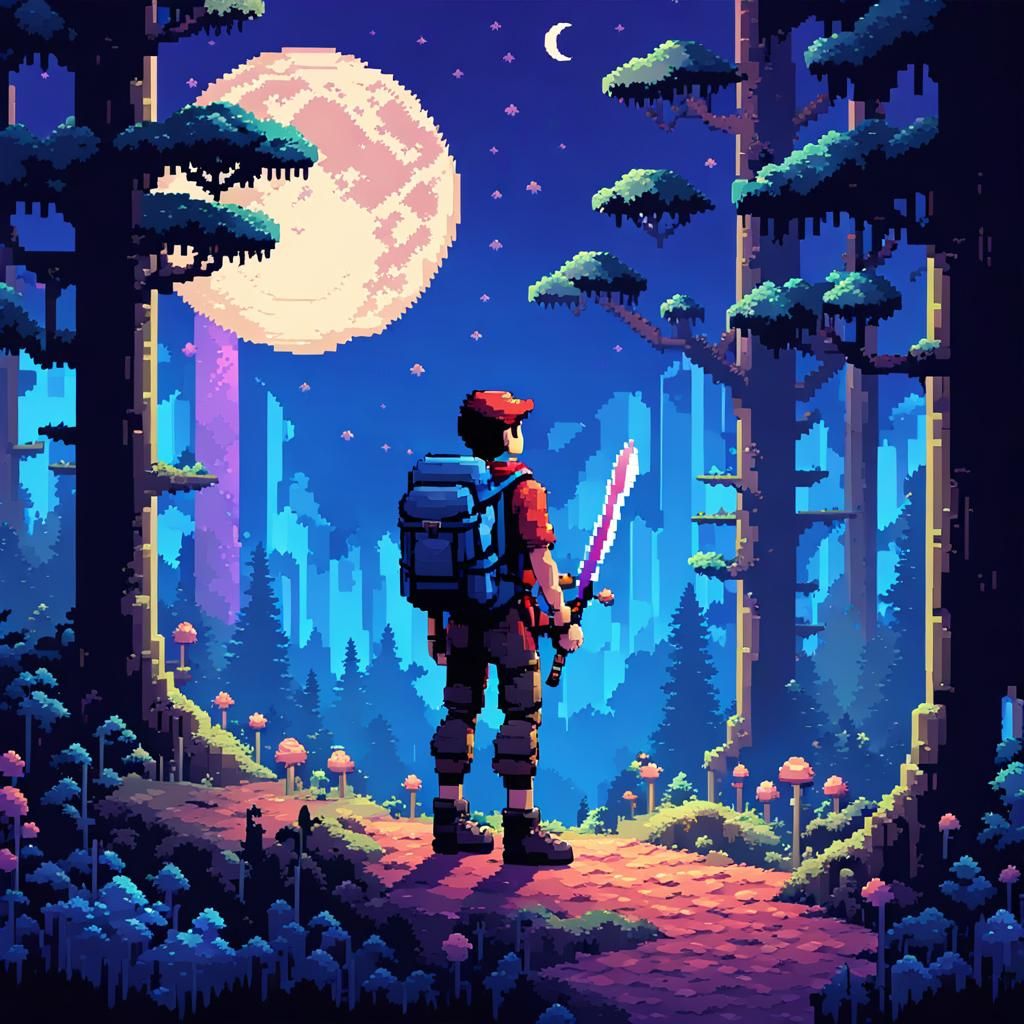 8-Bit Adventurer at Forest Edge in Pixel Art
