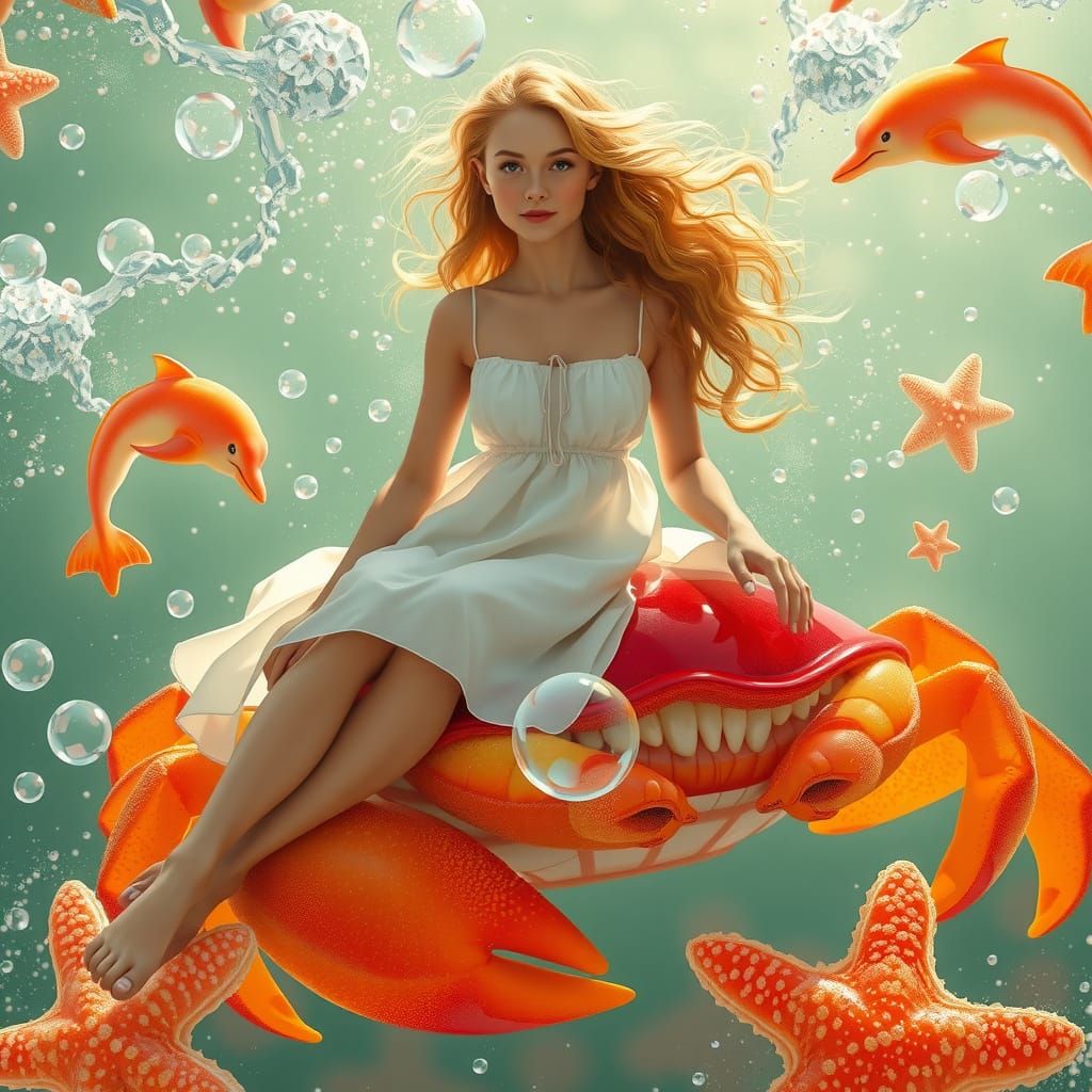 Woman on Gummy Crab in Soda Sea, Dreamlike Colors