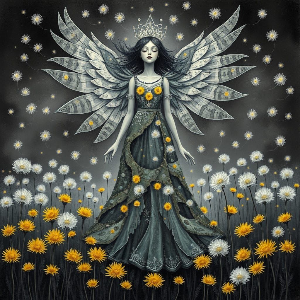 Surreal Dandelion Goddess with Swirling Patterns and Texture...