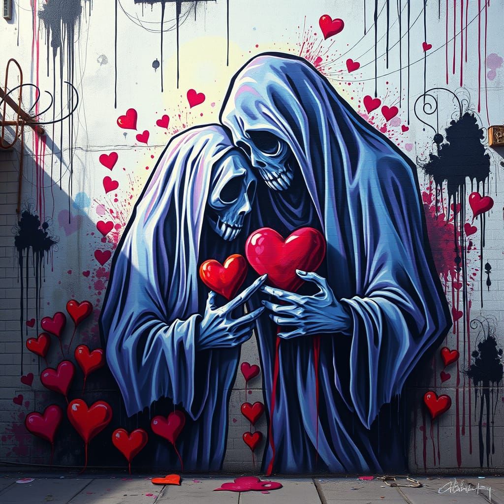 Ghostly Valentine Graffiti Mural with Dramatic Backlighting
