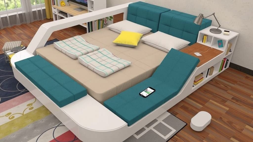 Modern Smart Bed in Cozy Retreat with Built-in Bookshelves a...