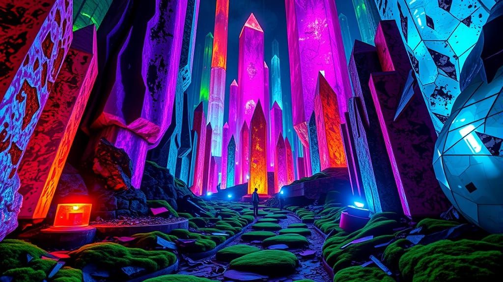 A moss covered pathway through a forest of towering gigantic multicolored crystals glowing in neon colors, vibrant color...