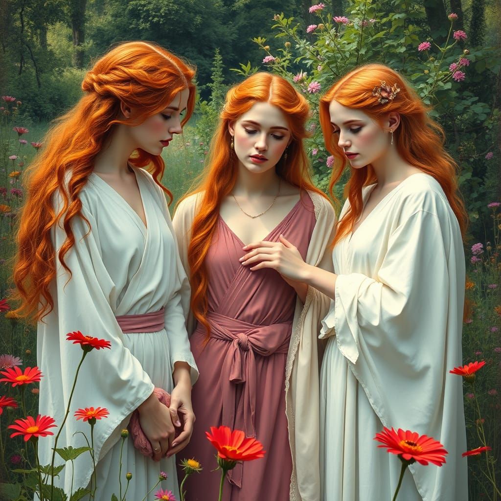 Three Red-Haired Women Create a Man in a Vibrant Pre-Raphael...