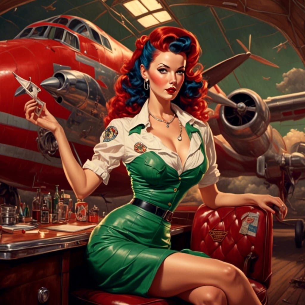 Retro Rockabilly Airplane Pinup Logo in Detailed Matte Style