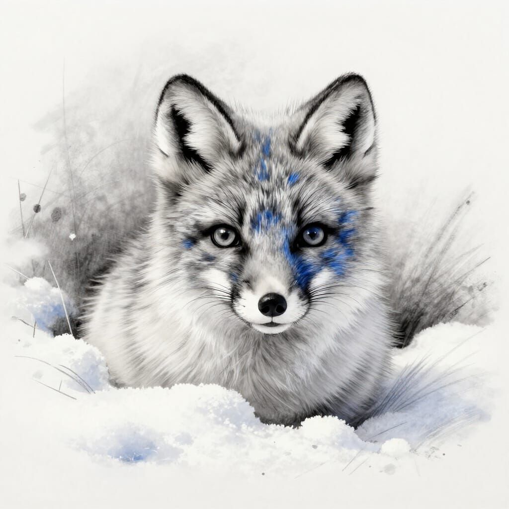 Arctic Fox Kit Charcoal Sketch with Blue Splash