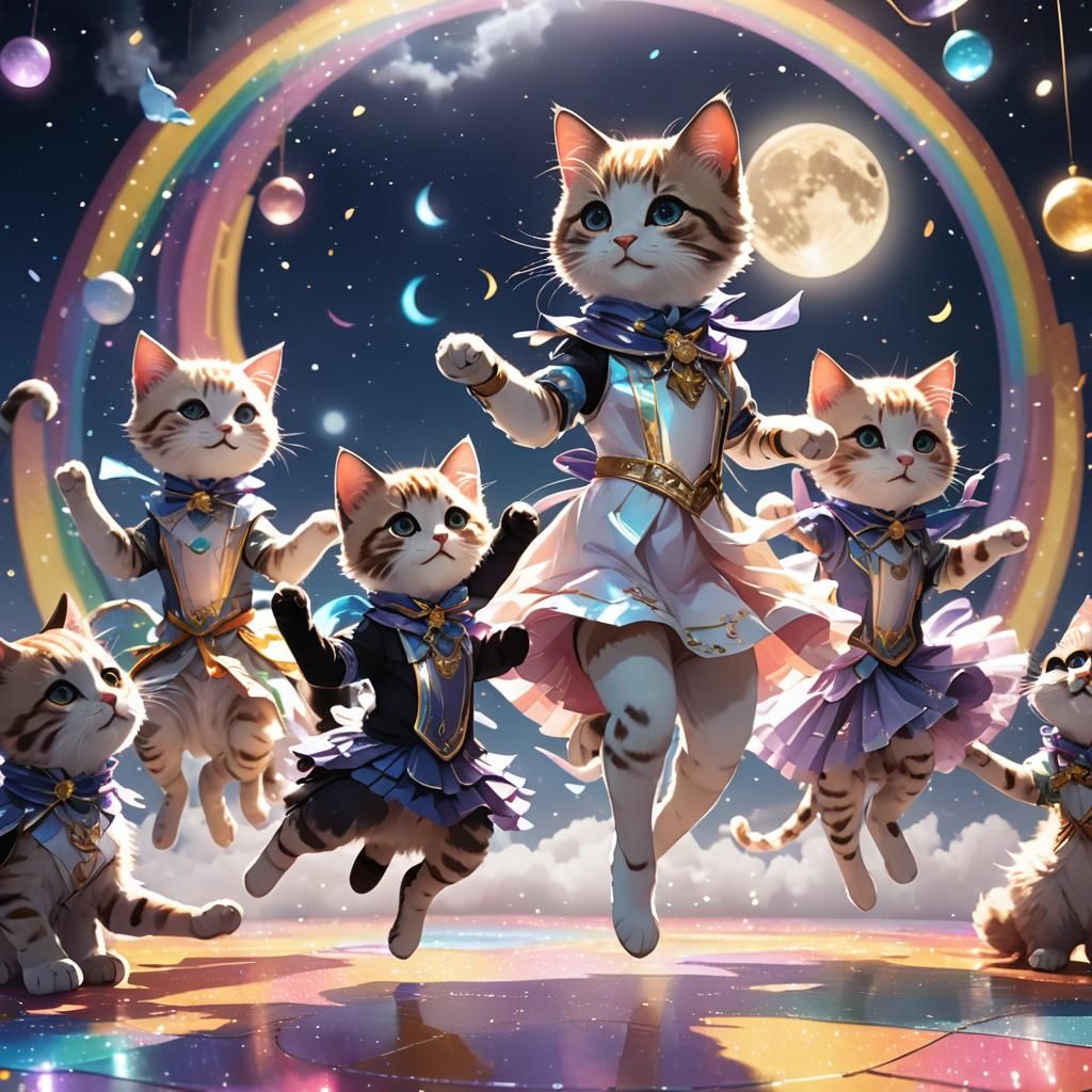Kittens Dance Under Moon in Stylish 3D Anime Art