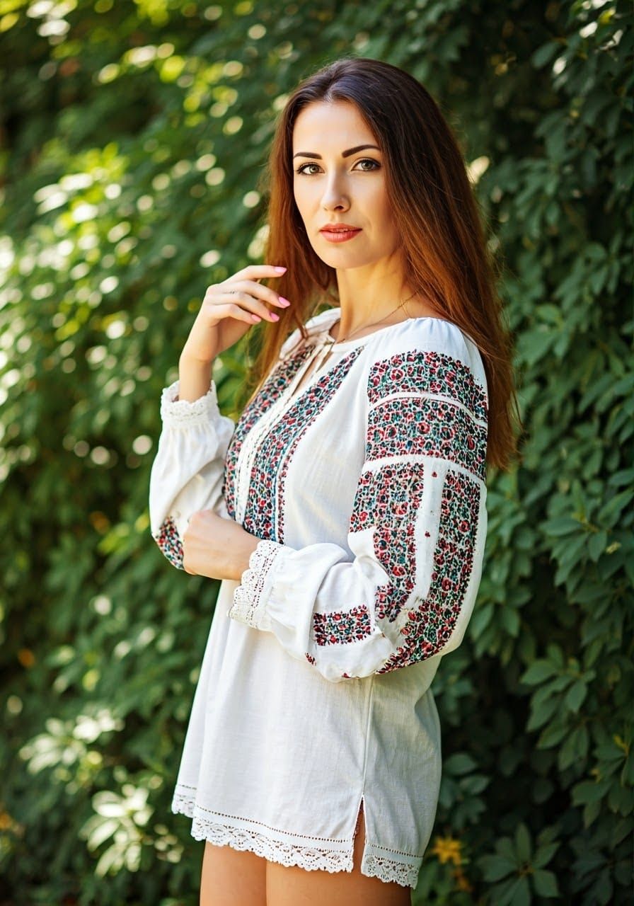 Woman in Traditional Romanian Folk Shirt with Embroidery and...