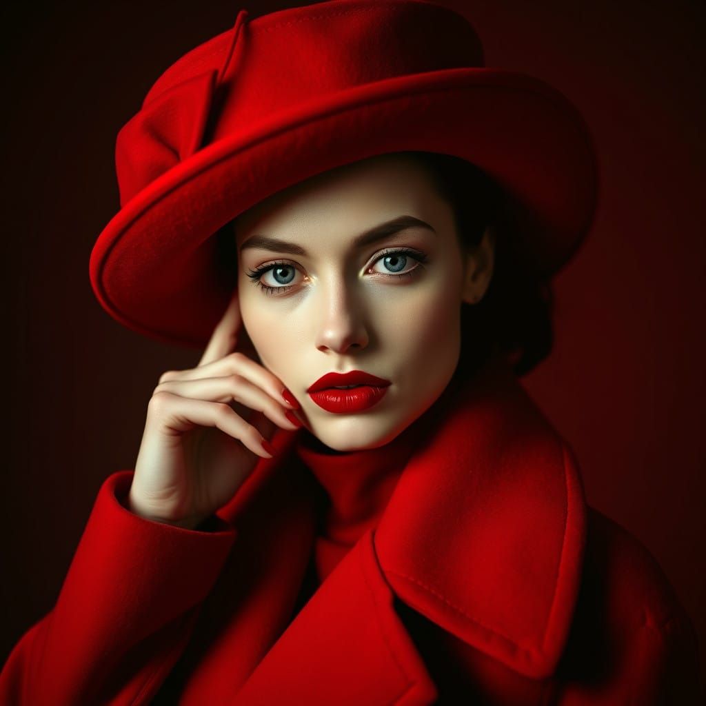 Elegant Woman in Dramatic Red Headgear