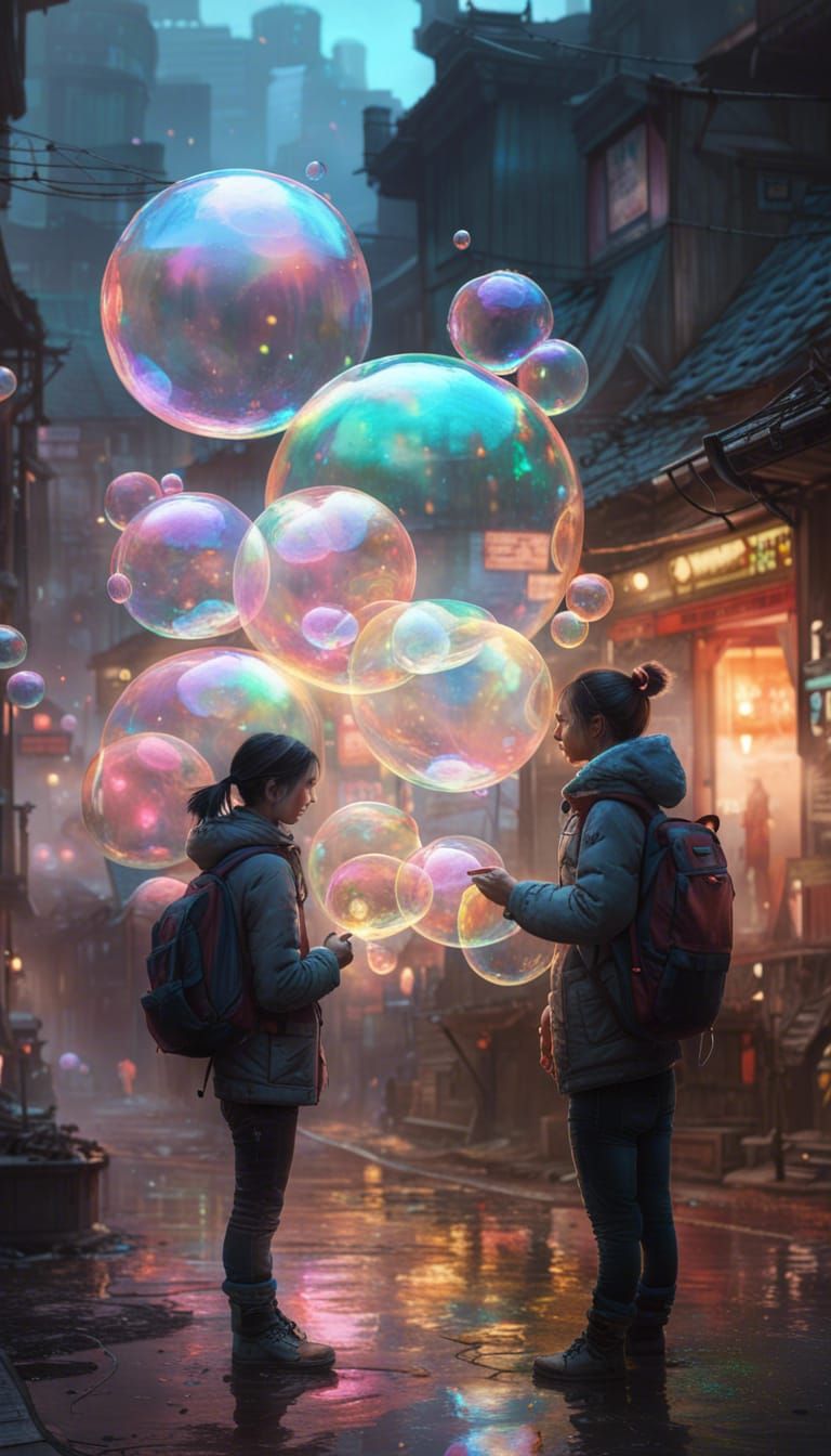 Hyperrealistic Iridescent Soap Bubbles Fantasy Concept Art