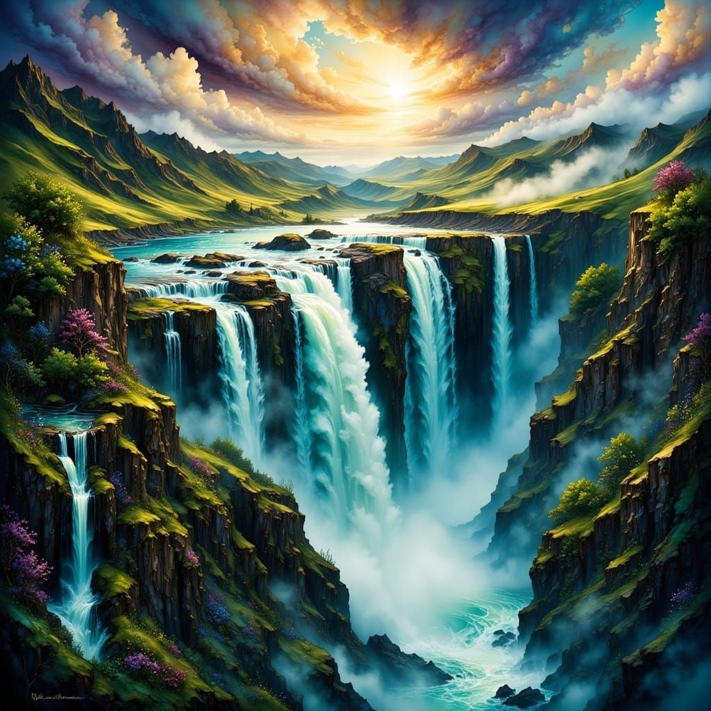 Majestic Waterfall with Lush Greenery, Digital Painting