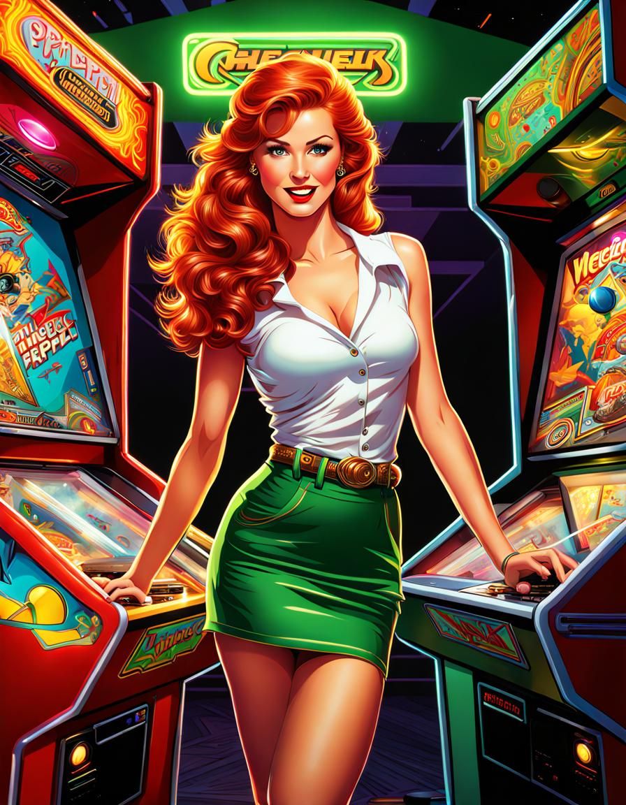 Redhead at 1980s Arcade Pinball, Pinup Style
