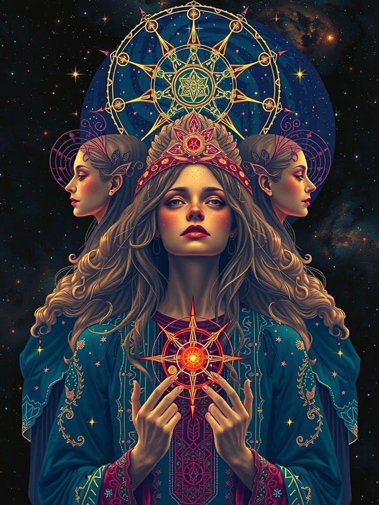 Celestial Maiden, Mother, Crone in Cosmic Illustration