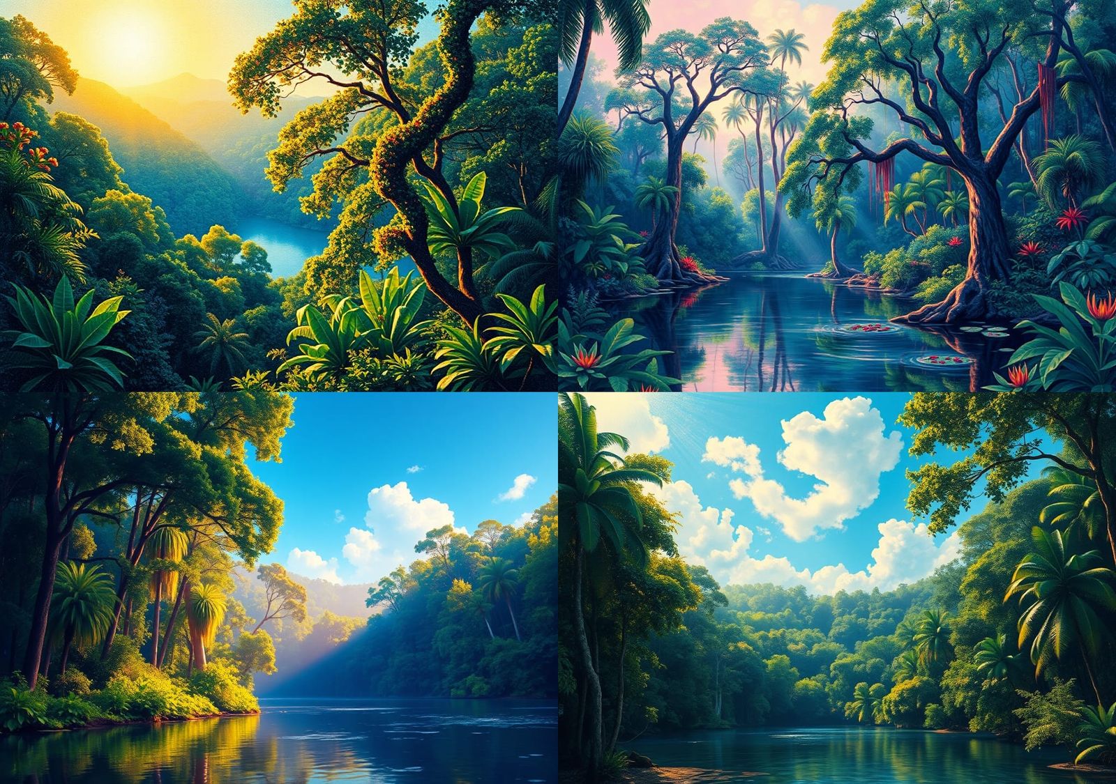 Pointillist Rainforest Painting with Lake and Sunlight