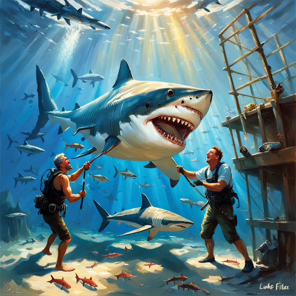 Dramatic Oil Painting of Shark Encounter in a Post-Impressio...