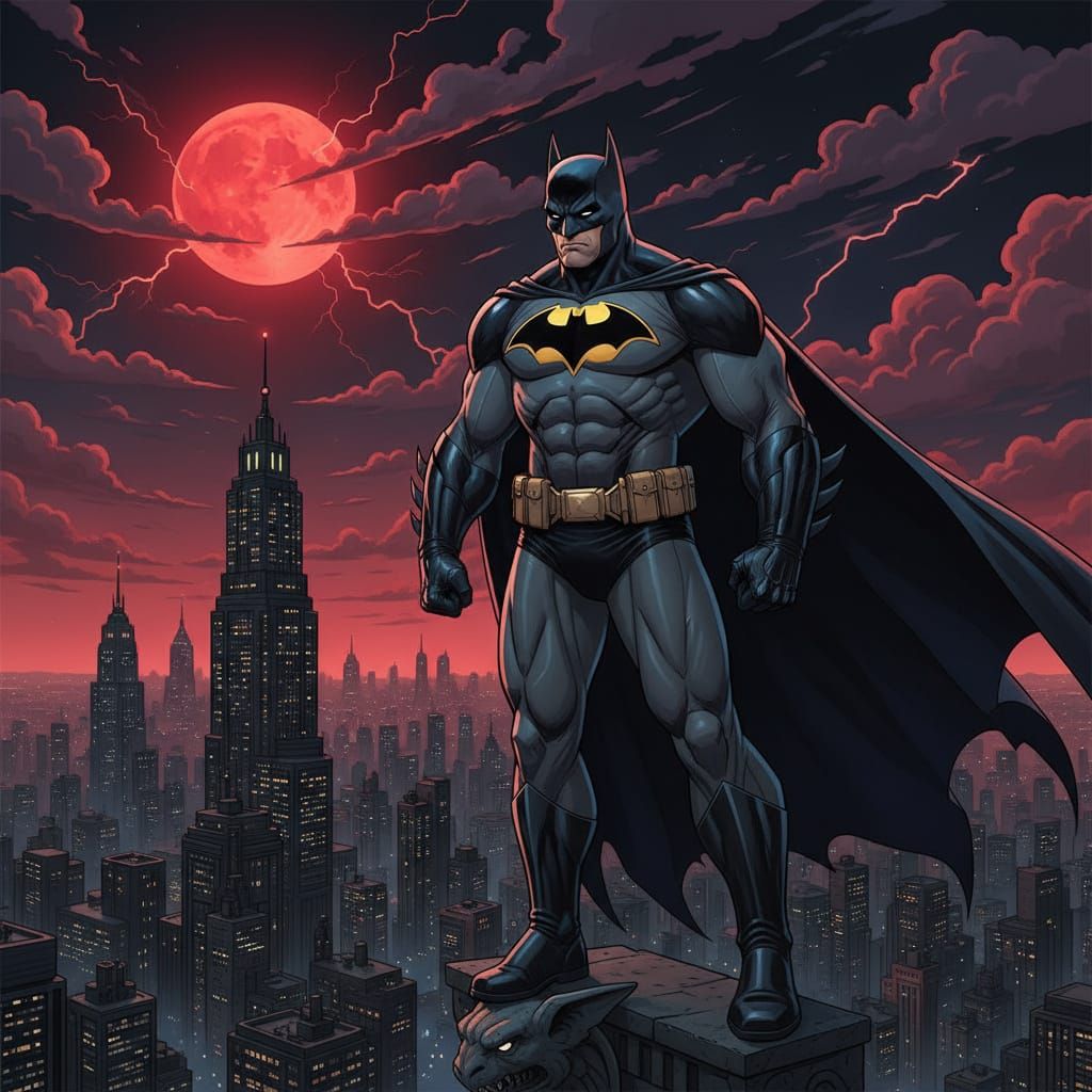 Muscular Batman in Black Armor Watches City Under Red Moon