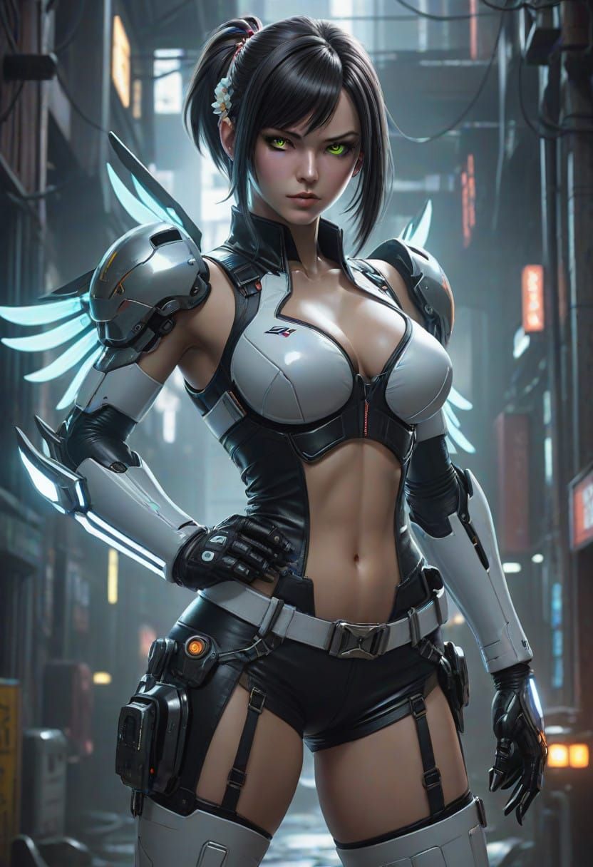 Cyberpunk Android Goddess Standing Confidently in a Dimly Li...