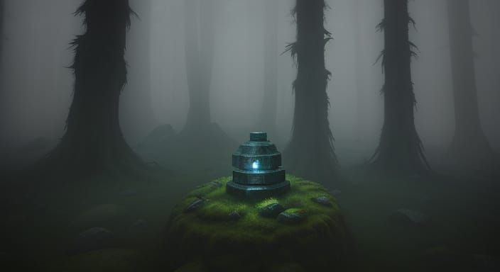 Mysterious Stone in Dark Forest, Ethereal Glow