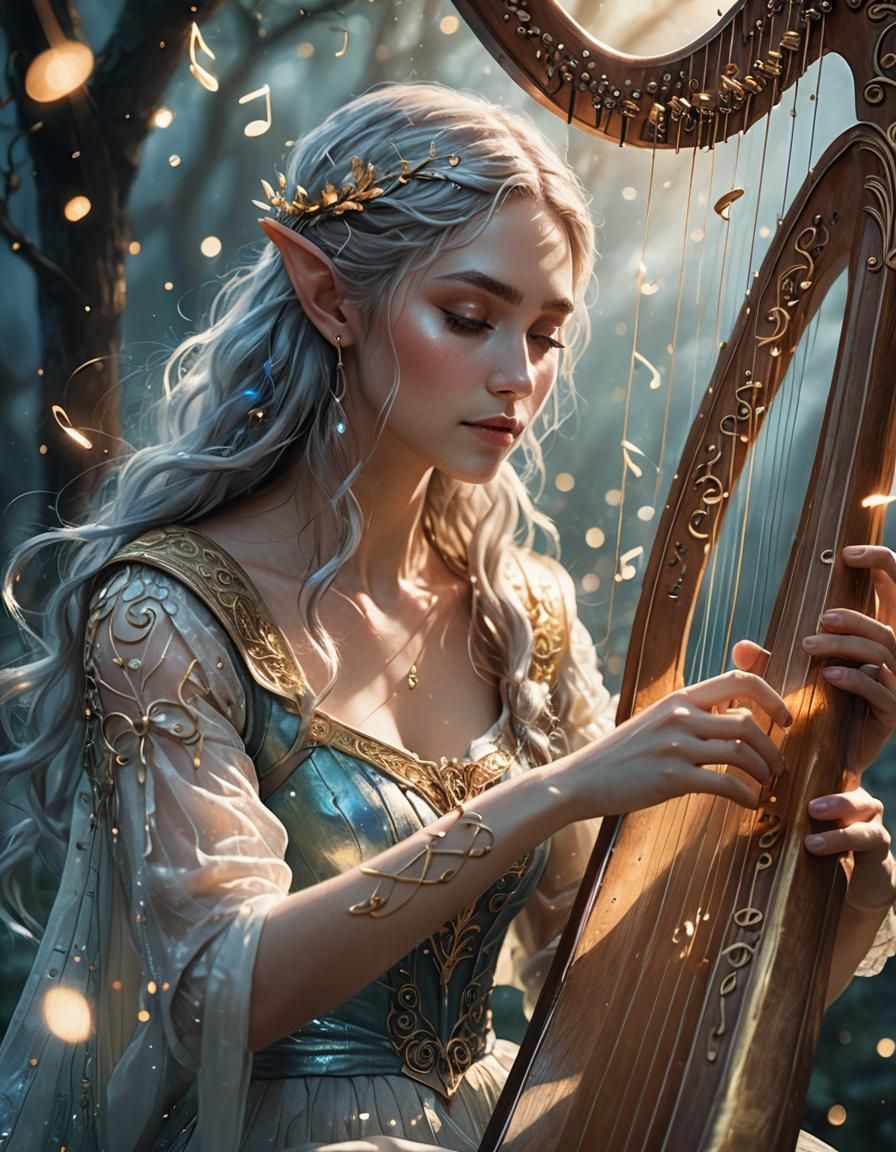 Young Elf Plays Harp with Floating Music Notes