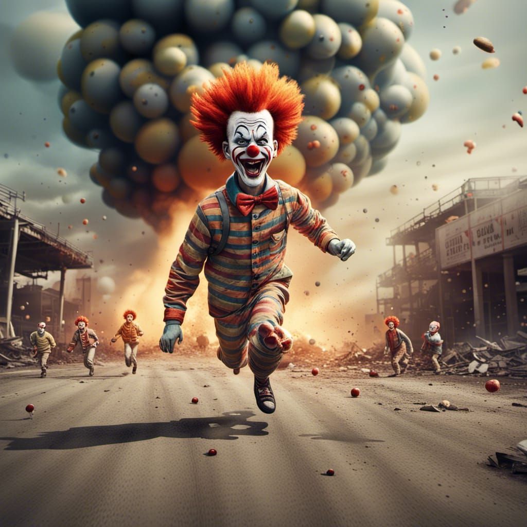 Clowns Running from Nuclear Blast in Hyperrealism