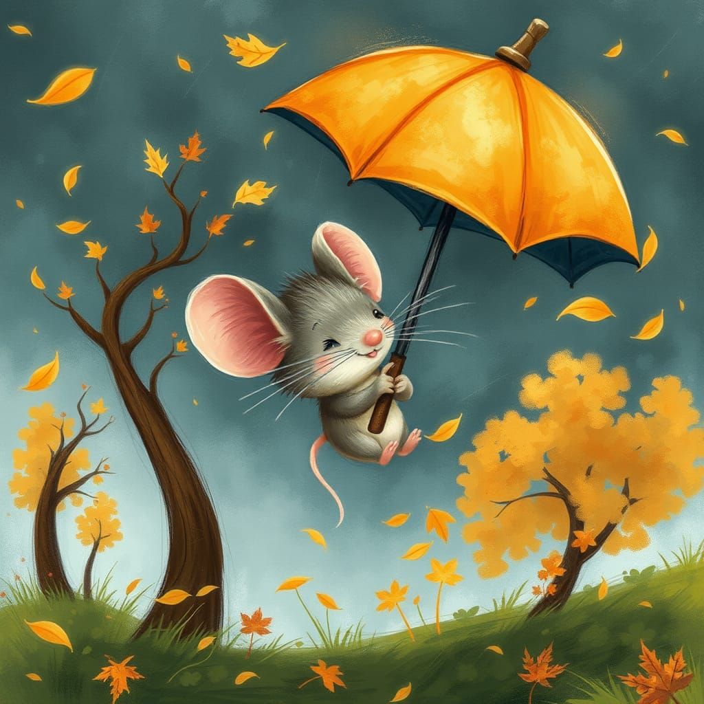 Mouse in Autumn Wind, Storybook Illustration