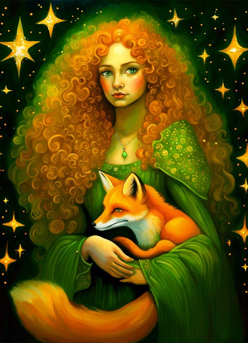 Girl with Fox Familiar in Vintage Oil Painting