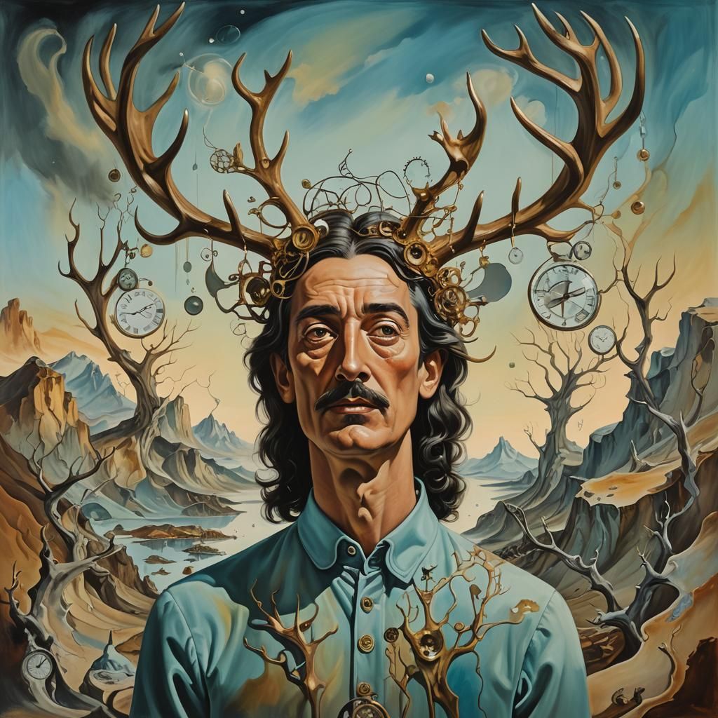 Surreal Human with Antlers in Style of Dalí