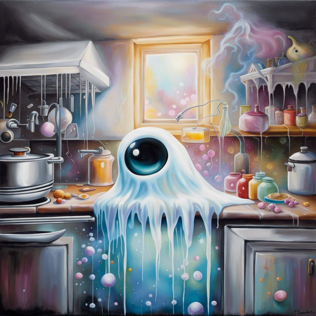 Adorable Ghost Haunts Kitchen in Ethereal Graffiti Art