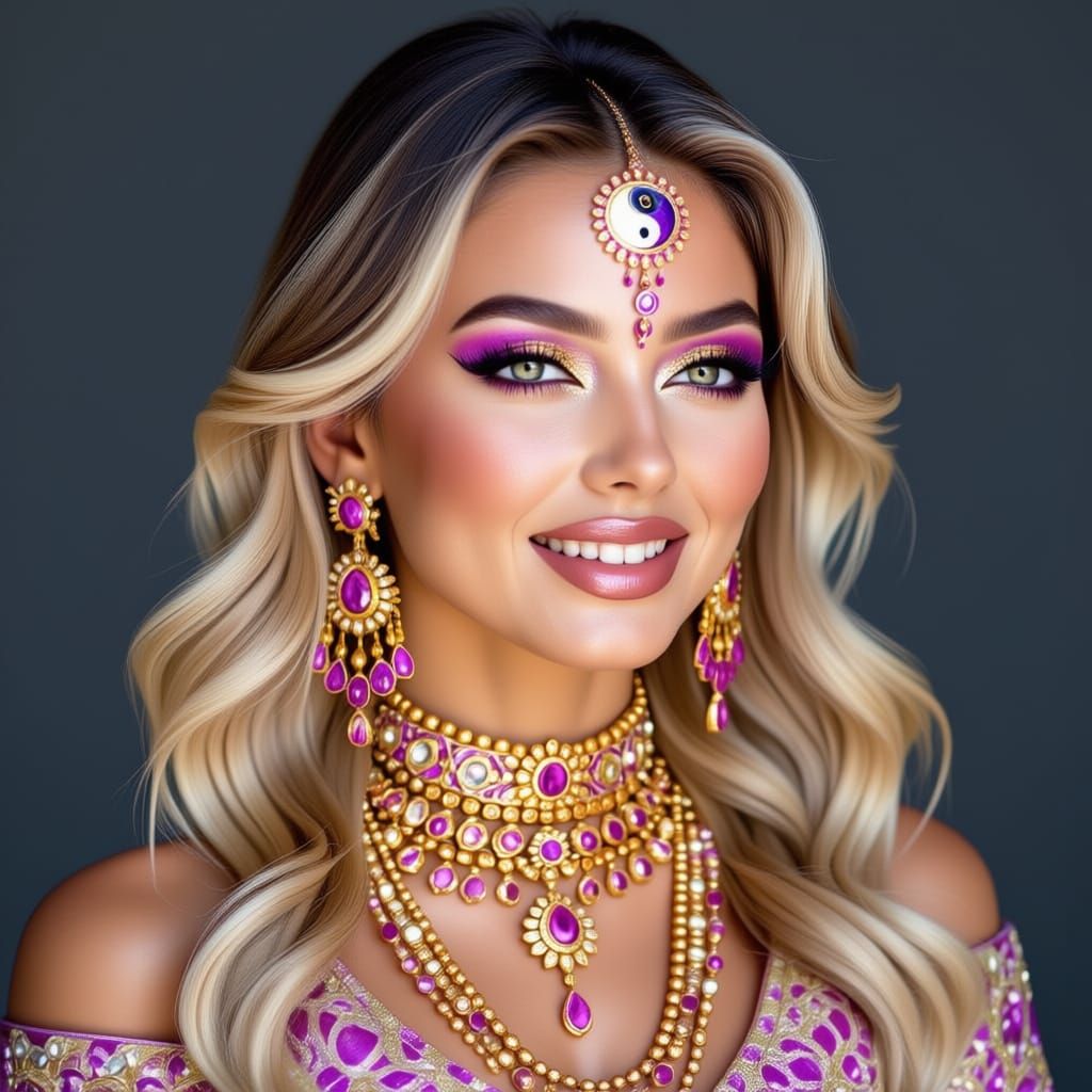 Realistic Blonde Woman with Purple & Gold Face Paint