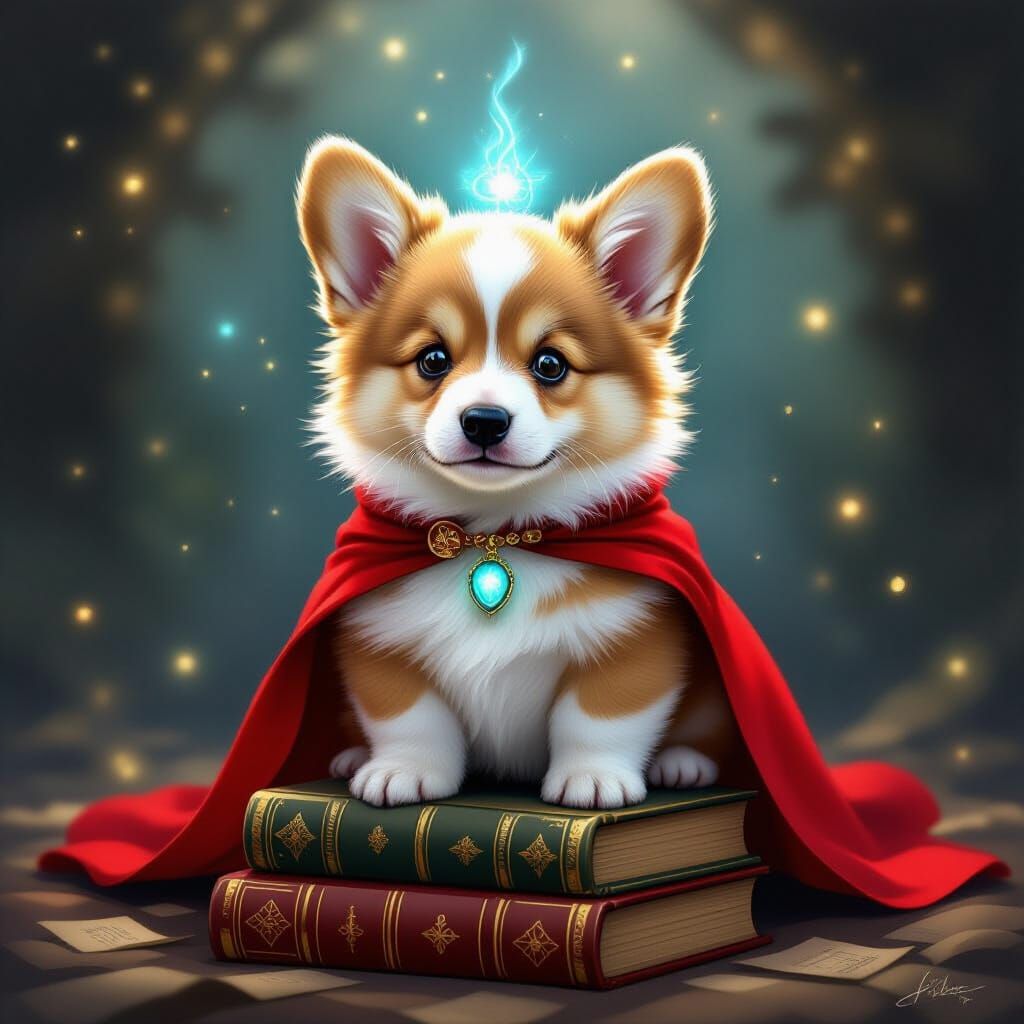 Fluffy Corgi Puppy in Cape with Magical Amulet