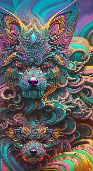 Psychedelic Dog Portrait in Japanese Art Style