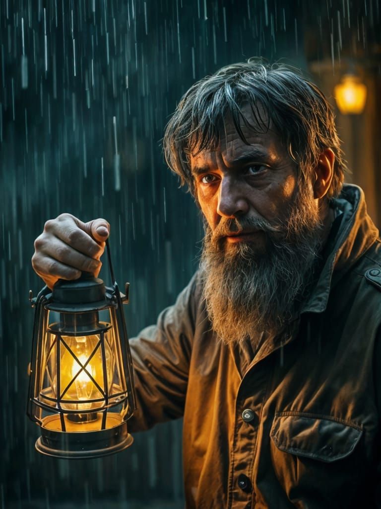 Resilient Old Man in Storm with Lantern