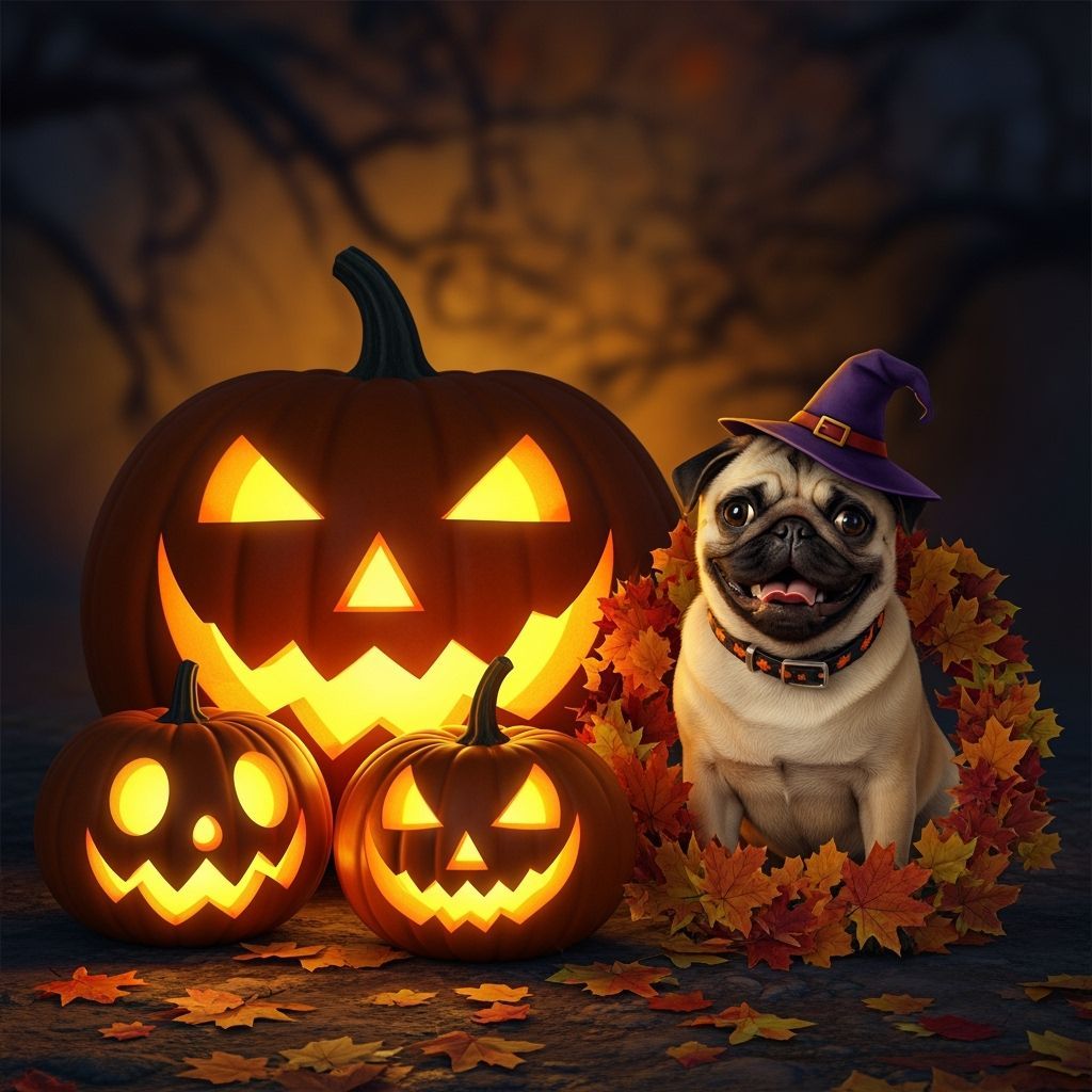 Halloween Pug with Pumpkins and Autumn Leaves