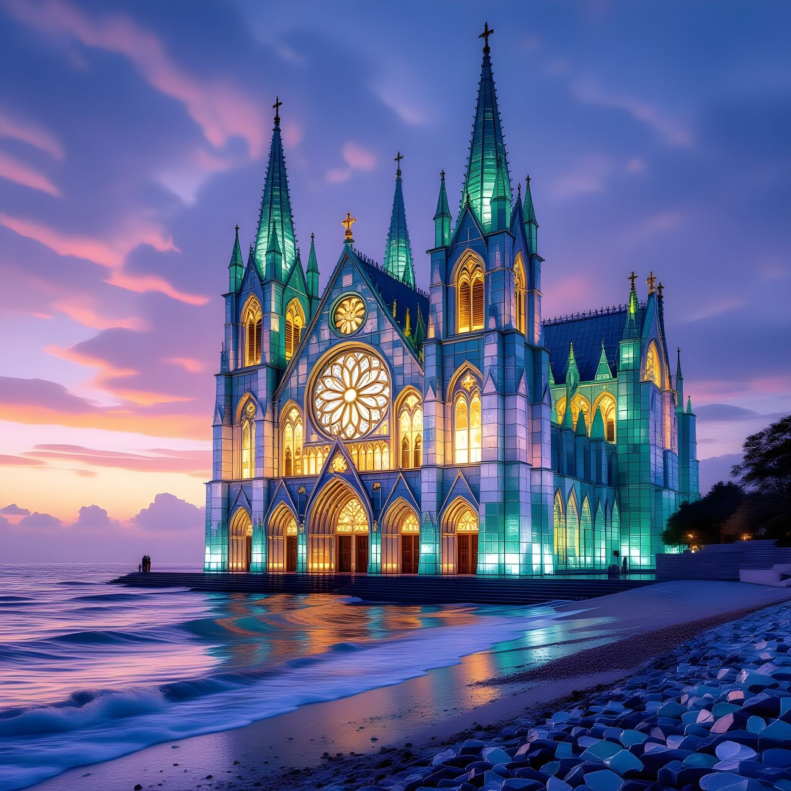 Sea Glass Gothic Cathedral on Misty Shoreline