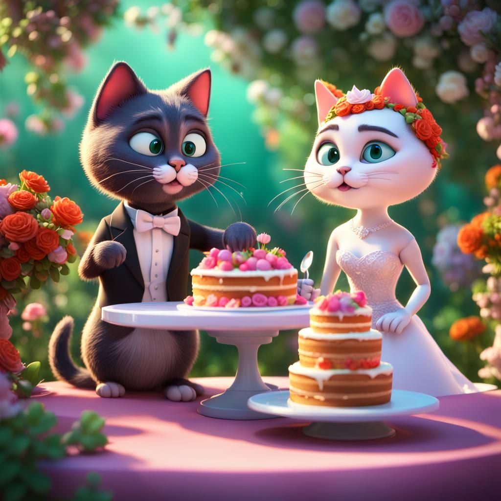 Bride Cat and Groom Cat Wedding in Pixar Style